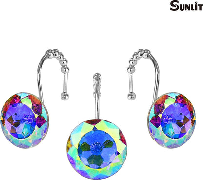 Sunlit Luxury Design Round Teal Blue Diamond Crystal Gem Bling with Glide Balls Shower Curtain Hooks for Mermaid Shower Curtains, Rust Proof Metal Rhinestones Glam Shower Curtain Rings-12 Pack