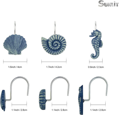 Sunlit Seashells Decorative Shower Curtain Hooks, Blue Ocean Creatures Coastal Shower Curtain Rings, Resin, Nautical Bathroom Decoration Beach Shower Curtain Hooks-12 Pack