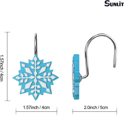 Sunlit Christmas Shower Curtain Hooks Snowflakes Shower Curtain Rings, Resin, Blue and White Christmas Decor, Winter Bathroom Decoration - 12 Pack