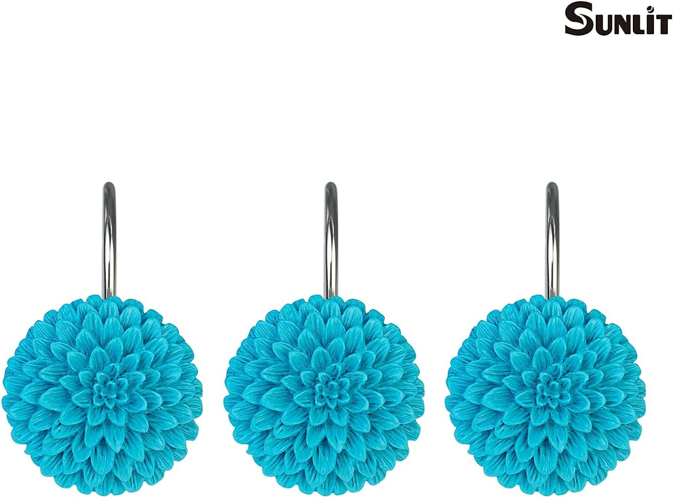 Sunlit Decorative Floral Shower Curtain Hooks, Turquoise Dahlia Pinnata Flower Shower Curtain Rings, Resin, Bathroom Decoration Blue Shower Curtain Hooks-12 Pack