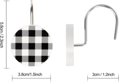 Christmas Decorative Shower Curtain Hooks, Plaid Buffalo Check Shower Curtain Rings, Xmas Classic Decor for Bathroom Home, Round Shower Curtain Hangers, Set of 12, White Black Red Green