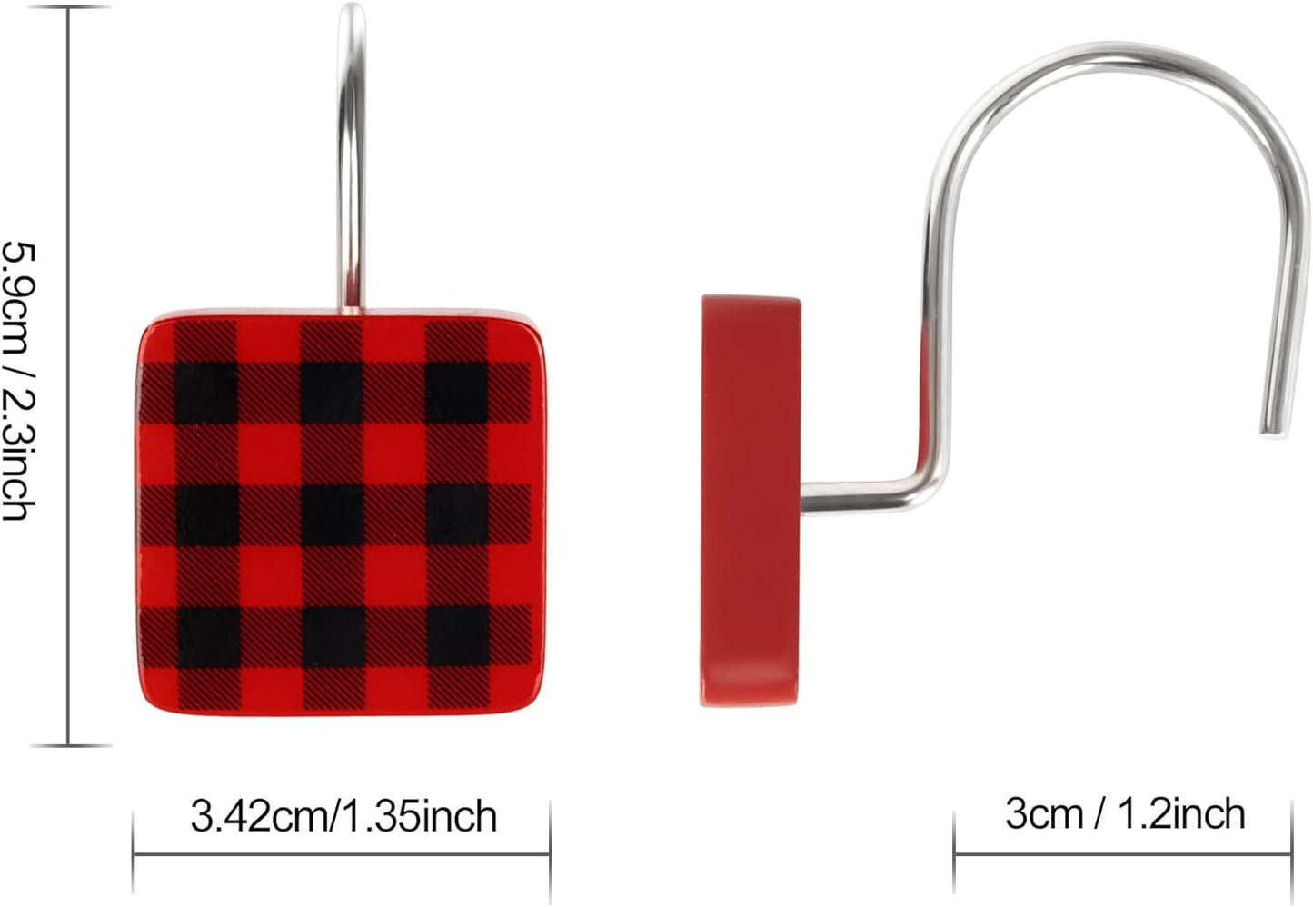 Christmas Decorative Shower Curtain Hooks, Plaid Buffalo Check Shower Curtain Rings, Xmas Classic Decor for Bathroom Home, Round Shower Curtain Hangers, Set of 12, White Black Red Green