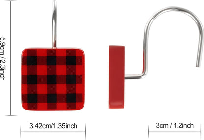 Christmas Decorative Shower Curtain Hooks, Plaid Buffalo Check Shower Curtain Rings, Xmas Classic Decor for Bathroom Home, Round Shower Curtain Hangers, Set of 12, White Black Red Green