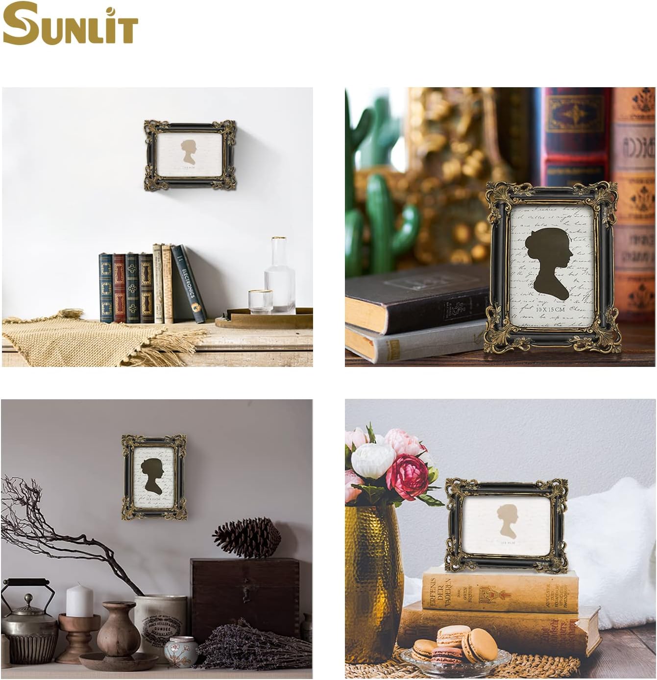 Sunlit Vintage Picture Frame 4x6 Inch, Luxury Antique Photo Frames with Glass Front, Photo Display, Tabletop Wall Hanging, Gift Ideas