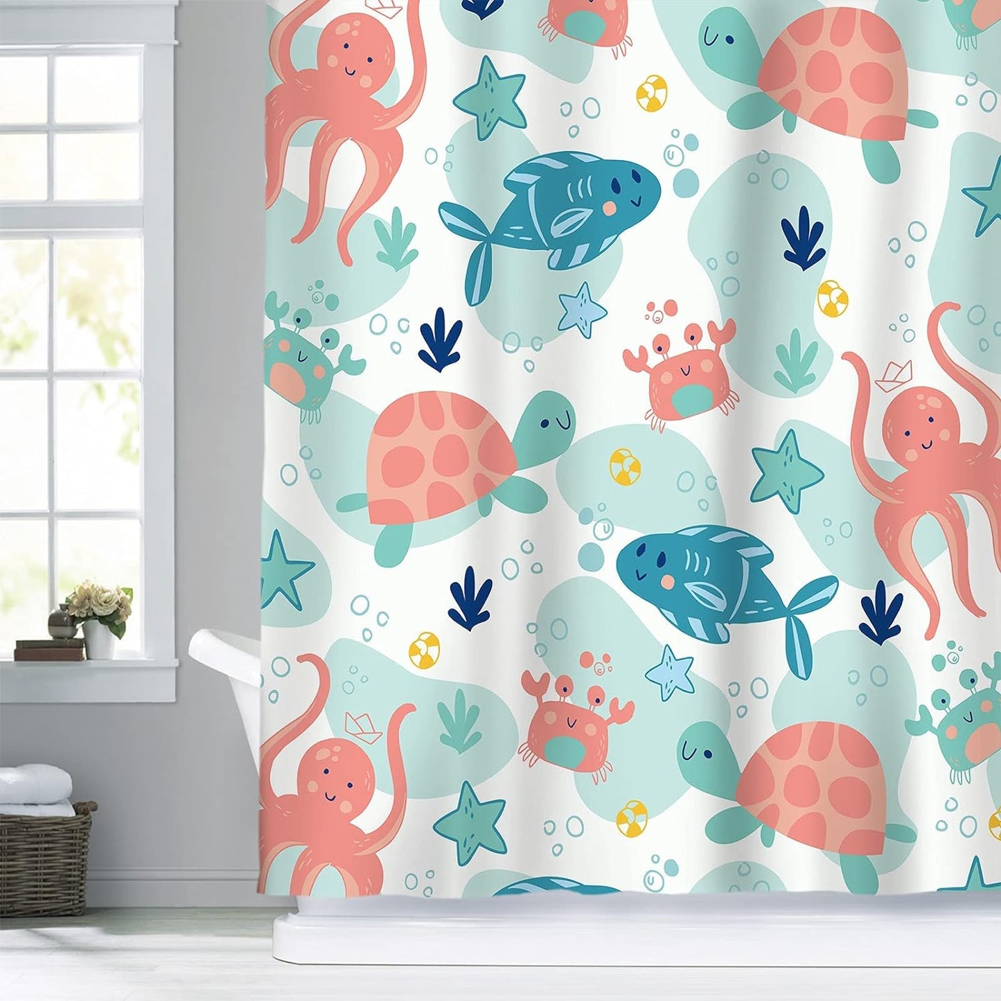 Sunlit Lovely Cartoon Pastel Colors Aquarium Baby Shower Curtain, Ocean Creatures Light Blue Fabric Shower Curtain for Kids, Turtle Dolphins and Fishes Coral Bathroom Decor Curtain for Children