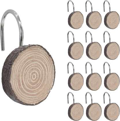 Sunlit Farmhouse Wooden Slices Shower Curtain Hooks, Rustic Home Decorative Shower Curtain Rings for Bathroom, Resin Shower Curtain Hangers Bathroom Accessories, Set of 12