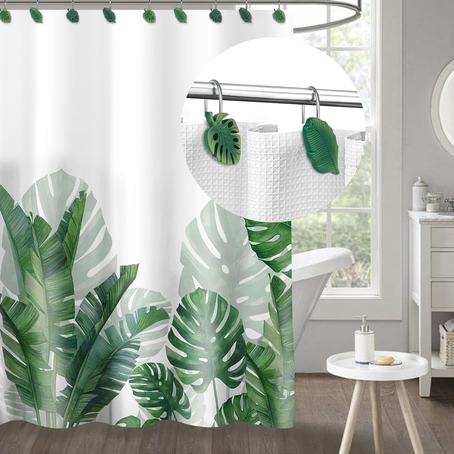 Tropical Leaf Decorative Shower Curtain Hooks Green Botanical Shower Curtain Rings, Resin, Monstera Deliciosa Strelitzia Reginae Leaves Shower Curtain Hangers for Bathroom, Set of 12