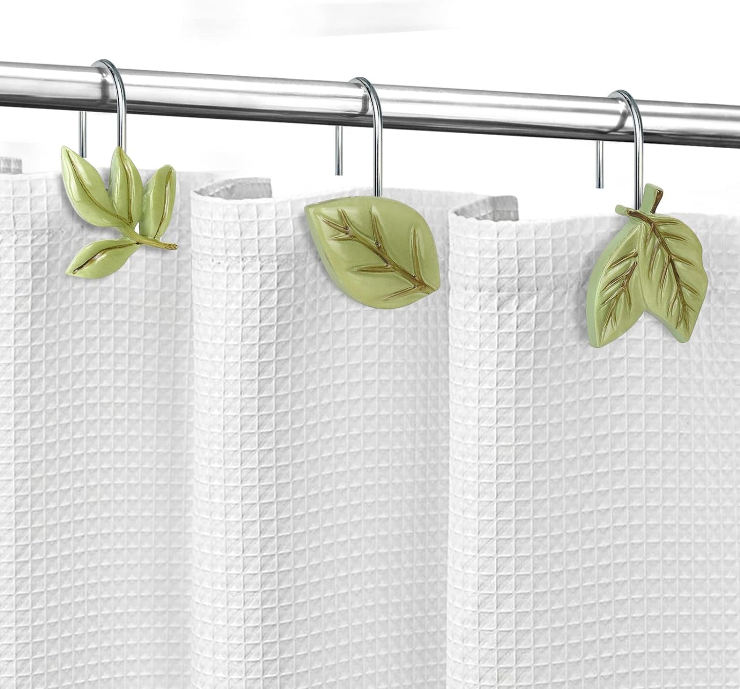 Light Green Plant Leaves Decorative Shower Curtain Hooks, Tropical Botanical Plam Tree Leaf Shower Curtain Rings for Bathroom, Resin, Cute Shower Curtain Hanger Hooks Bathroom Decor, Set of 12