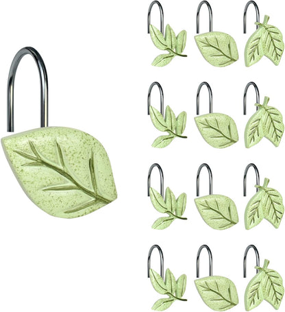 Light Green Plant Leaves Decorative Shower Curtain Hooks, Tropical Botanical Plam Tree Leaf Shower Curtain Rings for Bathroom, Resin, Cute Shower Curtain Hanger Hooks Bathroom Decor, Set of 12