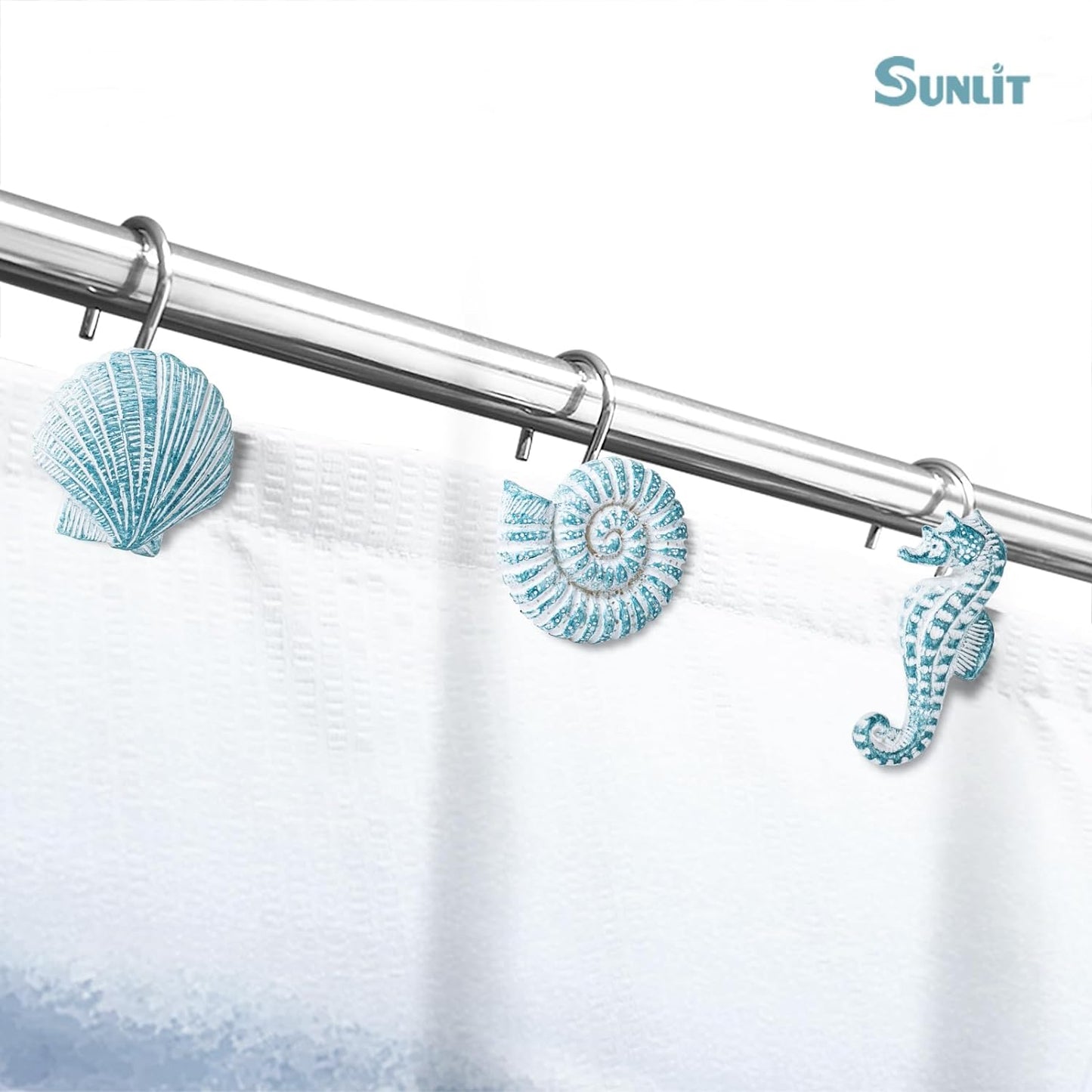 Sunlit Seashells Decorative Shower Curtain Hooks, Blue Ocean Creatures Coastal Shower Curtain Rings, Resin, Nautical Bathroom Decoration Beach Shower Curtain Hooks-12 Pack