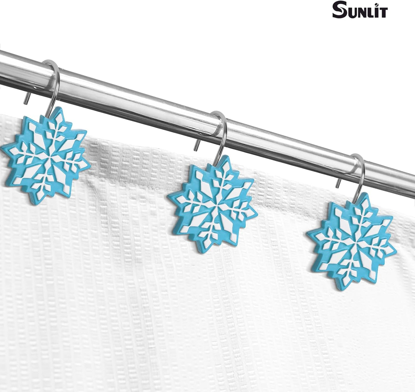 Sunlit Christmas Shower Curtain Hooks Snowflakes Shower Curtain Rings, Resin, Blue and White Christmas Decor, Winter Bathroom Decoration - 12 Pack