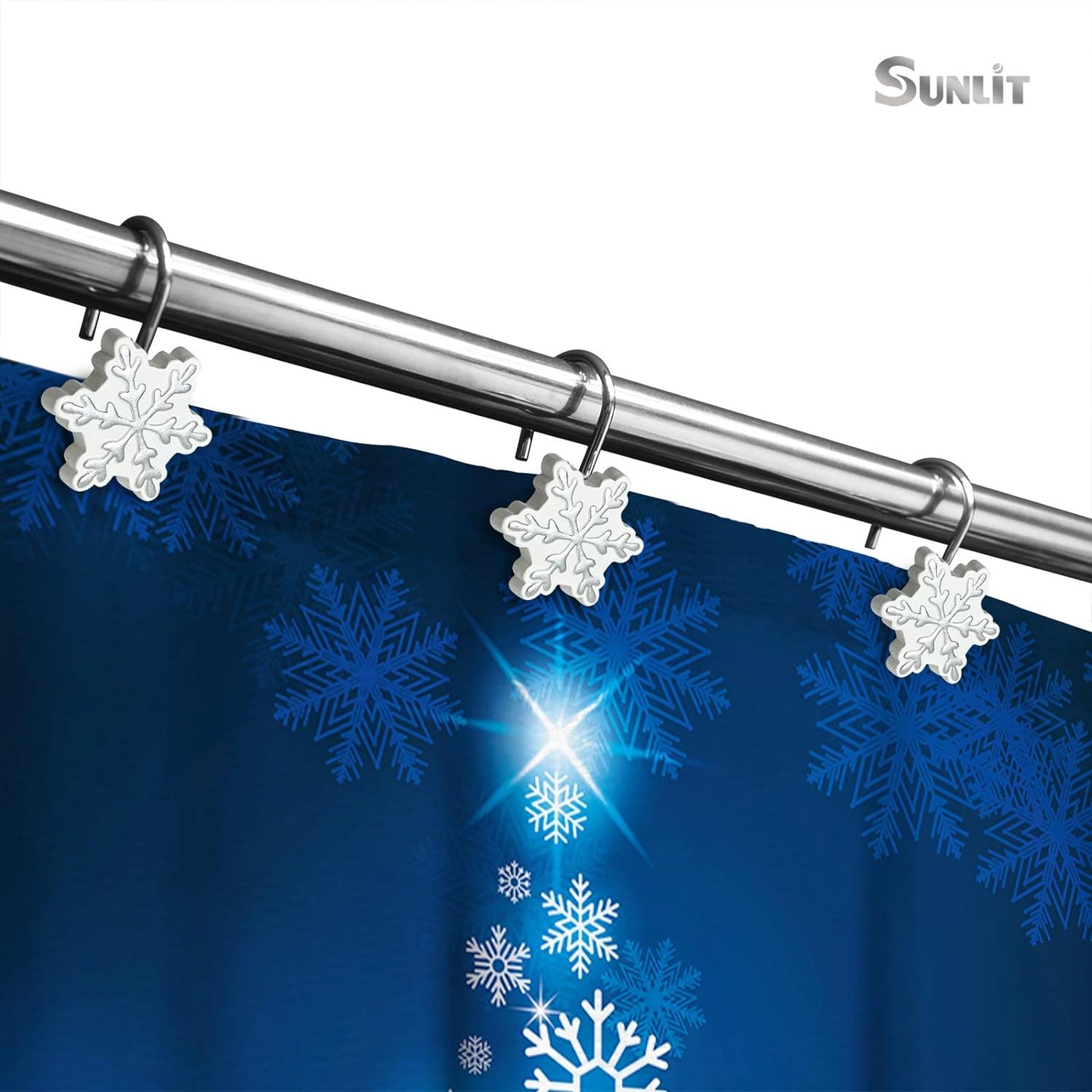 Sunlit Christmas Shower Curtain Hooks Silver Snowflakes Shower Curtain Rings, Resin, White Christmas Decor, Winter Bathroom Decoration - 12 Pack