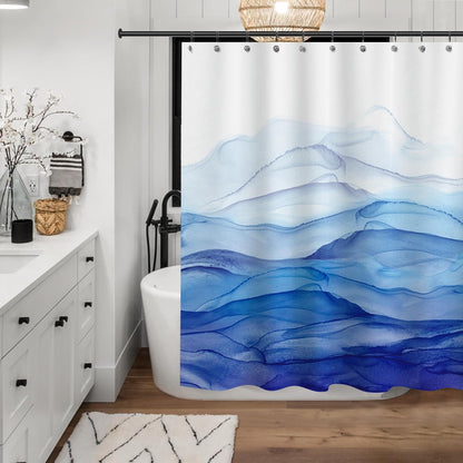 Ombre Blue Watercolor Textured Slubbed Fabric Shower Curtain, Abstract Ocean Wave Shower Curtains for Bathroom Decoration, 71x71