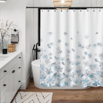 Sunlit Design Simple Style Blue and Gray Flower Blossoms Fabric Shower Curtains for Bathroom Decor with White Background, Machine Washable