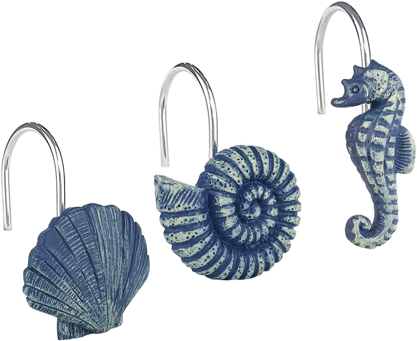 Sunlit Seashells Decorative Shower Curtain Hooks, Blue Ocean Creatures Coastal Shower Curtain Rings, Resin, Nautical Bathroom Decoration Beach Shower Curtain Hooks-12 Pack