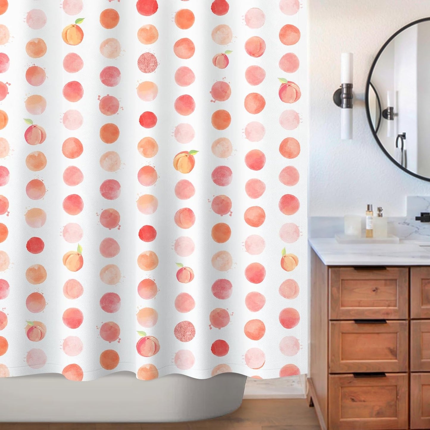 Sunlit Peach Shower Curtain, Cute Shower Curtain with Pink Spots, Peach Bathroom Decor Curtains