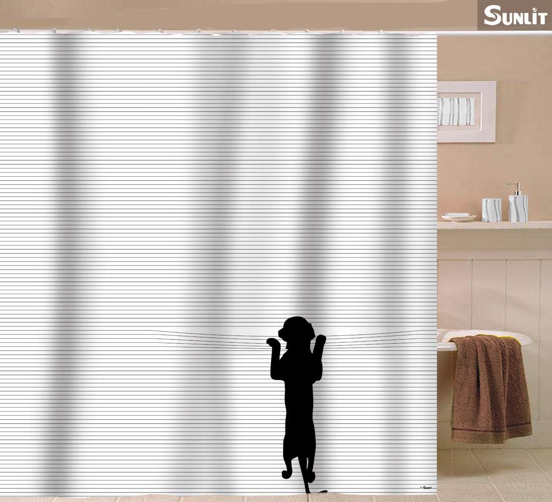 Sunlit Cute Black Dog Curious Cartoon Puppy with Black and White Stripes Fabric Shower Curtain for Kids Dog Lovers PVC-Free Bathroom Decor.