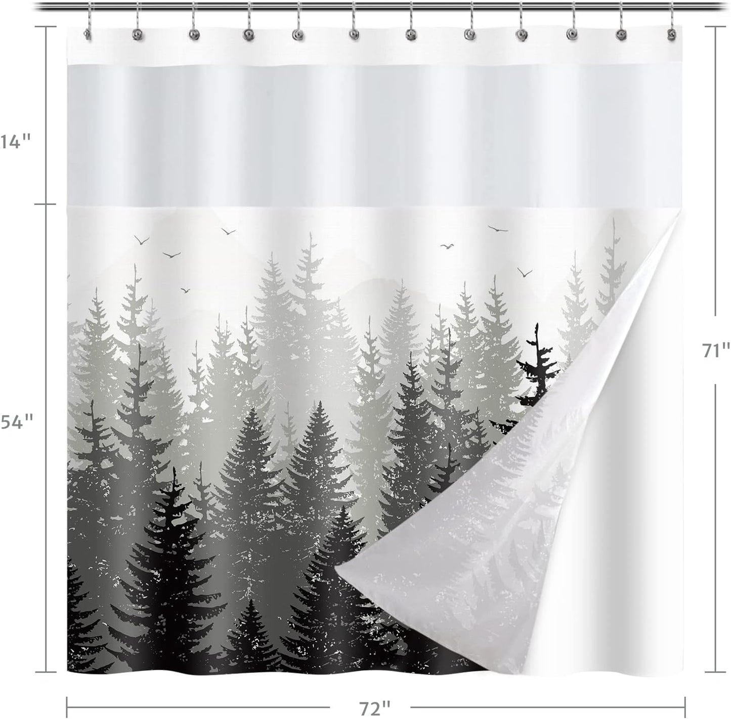 Forest Shower Curtain with snap-in Fabric Liner, Gray Mountain Nature Tree Shower Curtains with Mesh Top Window for Bathroom Decor, Contemporary Bathroom Curtains, See Through Sheer Window, 71x71