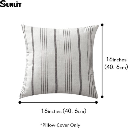 Sunlit Decorative Farmhouse Throw Pillow Case, Cover Only, Set of 2 Cream/Off-White with Charcoal Stripes Square Pillow Cover, 18" x 18", Textured Linen Throw Cushion Covers