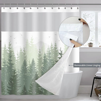 Forest Shower Curtain with snap-in Fabric Liner, Gray Mountain Nature Tree Shower Curtains with Mesh Top Window for Bathroom Decor, Contemporary Bathroom Curtains, See Through Sheer Window, 71x71