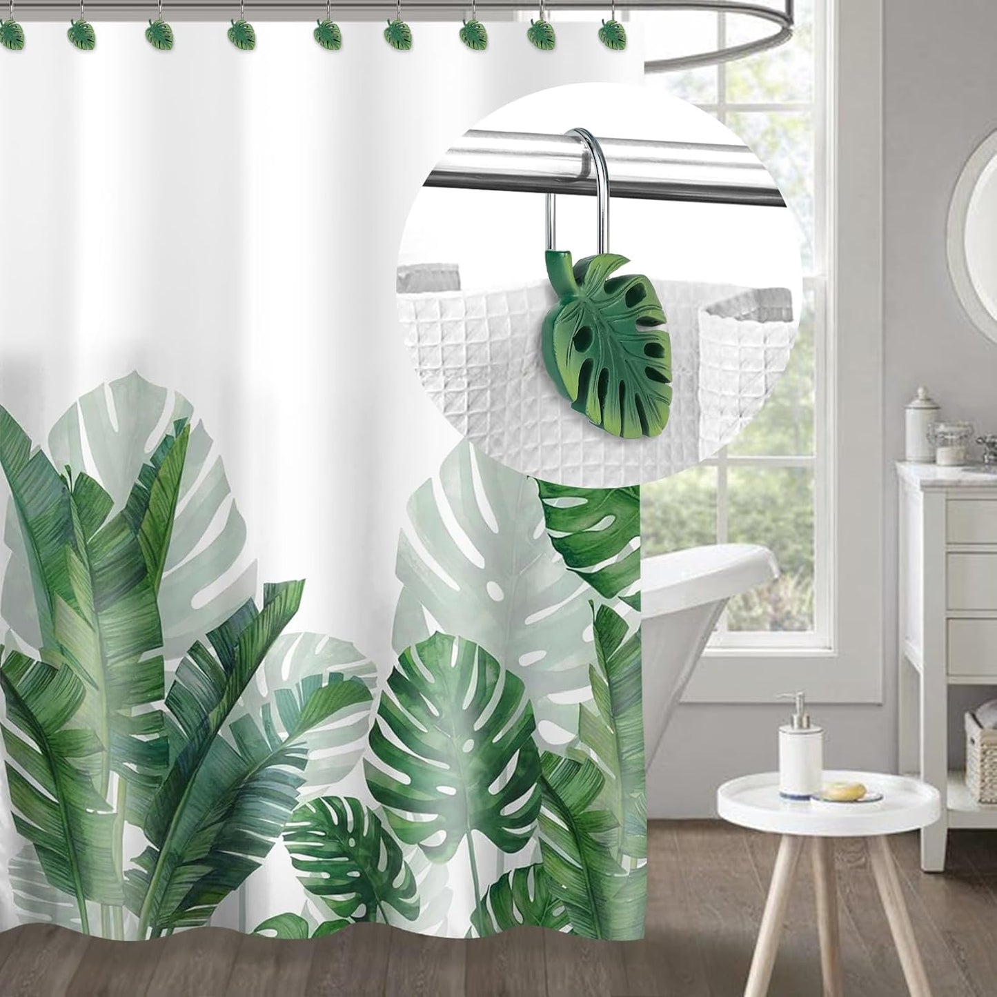 Tropical Leaf Decorative Shower Curtain Hooks Green Botanical Shower Curtain Rings, Resin, Monstera Deliciosa Strelitzia Reginae Leaves Shower Curtain Hangers for Bathroom, Set of 12