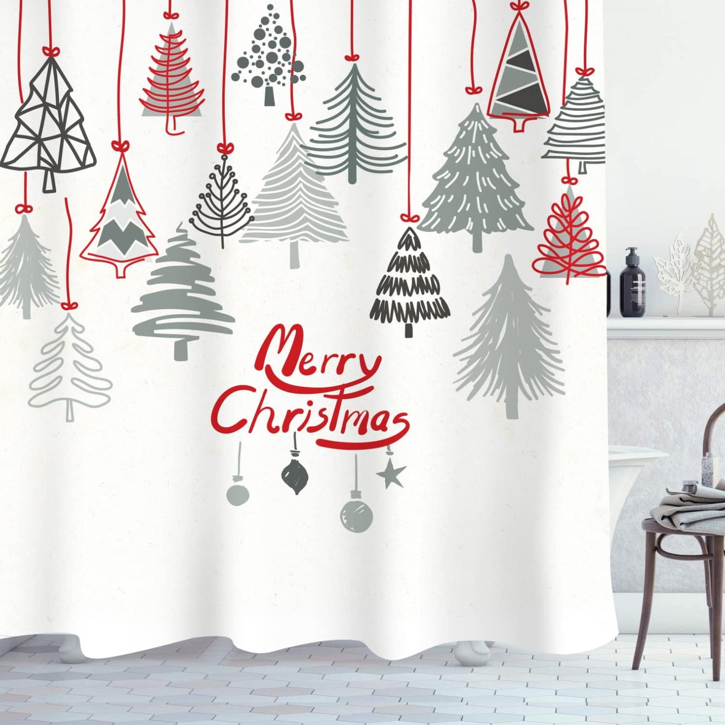 Geometric Modern Design Christmas Shower Curtain Christmas Tree Bathroom Home Office Holiday Wall Decoration as Tapestry and Photo Booth Backdrop Red Green White Printed