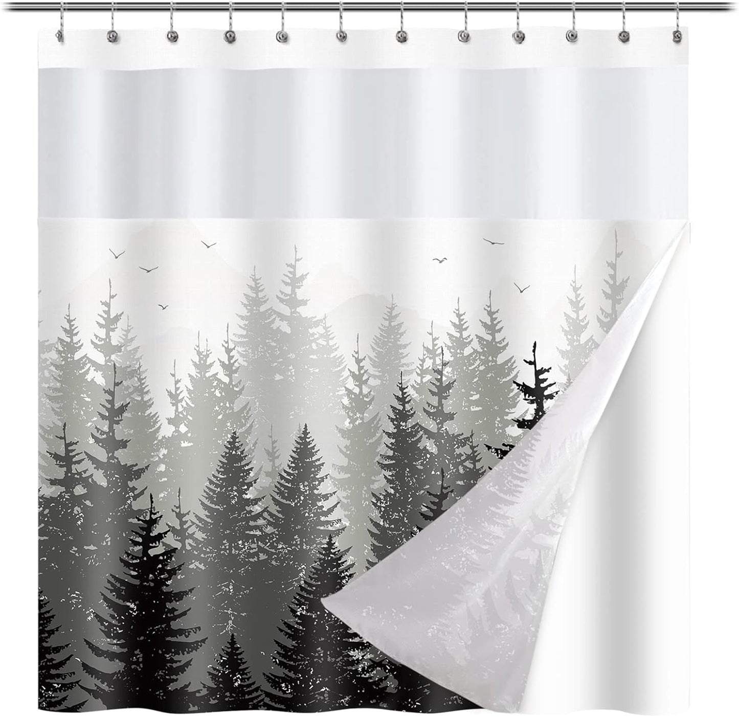 Forest Shower Curtain with snap-in Fabric Liner, Gray Mountain Nature Tree Shower Curtains with Mesh Top Window for Bathroom Decor, Contemporary Bathroom Curtains, See Through Sheer Window, 71x71