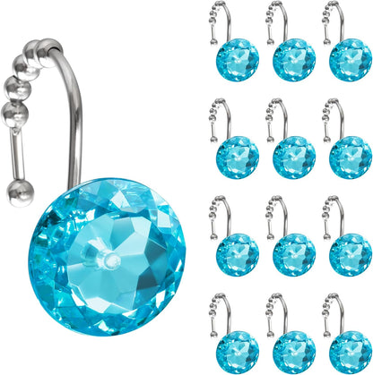 Sunlit Luxury Design Round Teal Blue Diamond Crystal Gem Bling with Glide Balls Shower Curtain Hooks for Mermaid Shower Curtains, Rust Proof Metal Rhinestones Glam Shower Curtain Rings-12 Pack