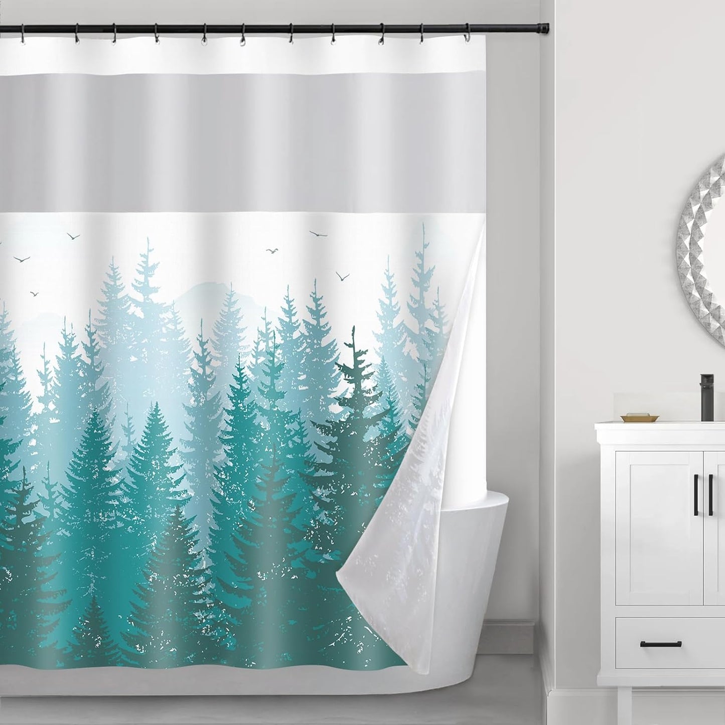 Forest Shower Curtain with snap-in Fabric Liner, Gray Mountain Nature Tree Shower Curtains with Mesh Top Window for Bathroom Decor, Contemporary Bathroom Curtains, See Through Sheer Window, 71x71