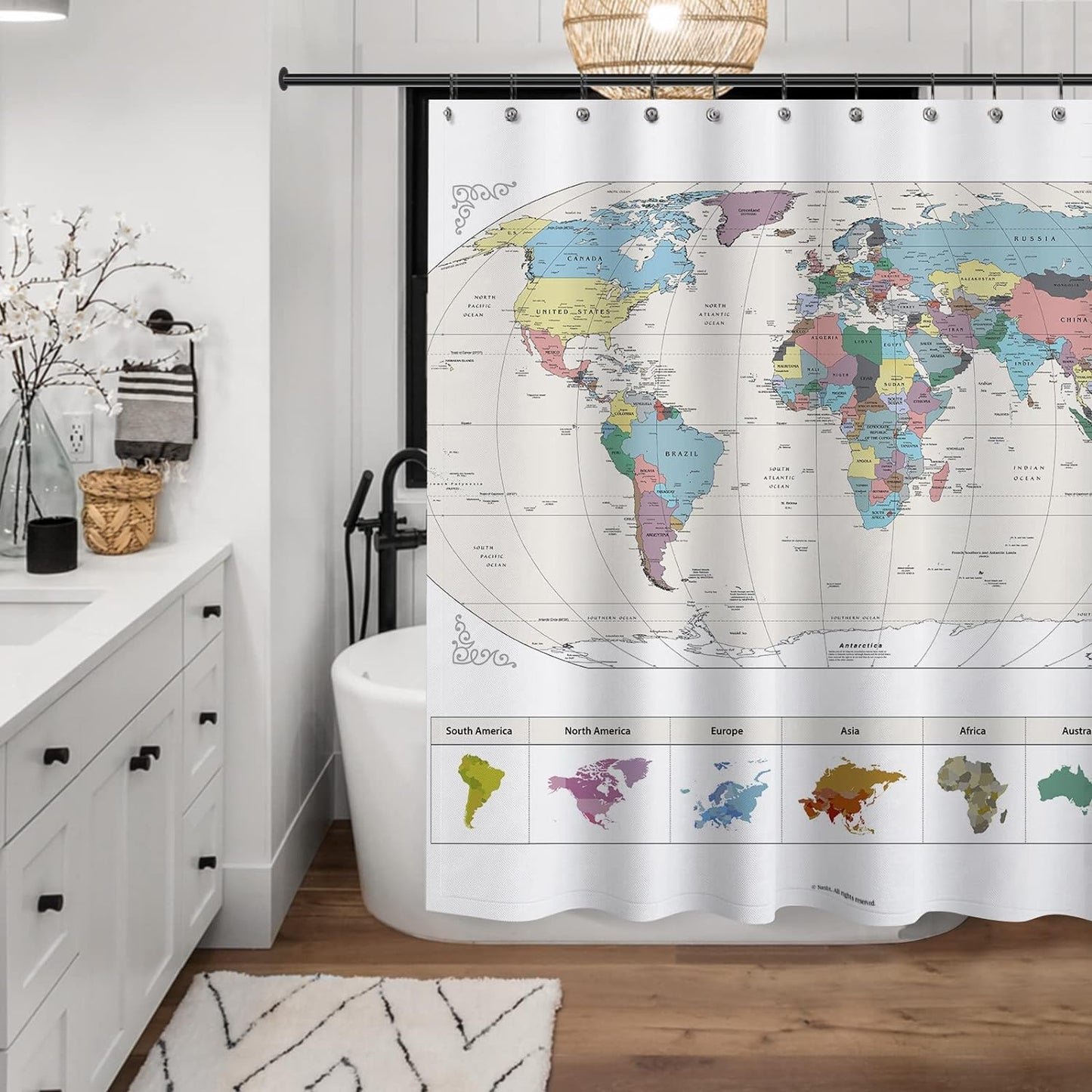 New! Map of The World with Detailed Major Cities. PVC Free, Non-Toxic and Odorless Water Repellent Fabric Shower Curtains - Large Home Decor Wall Map