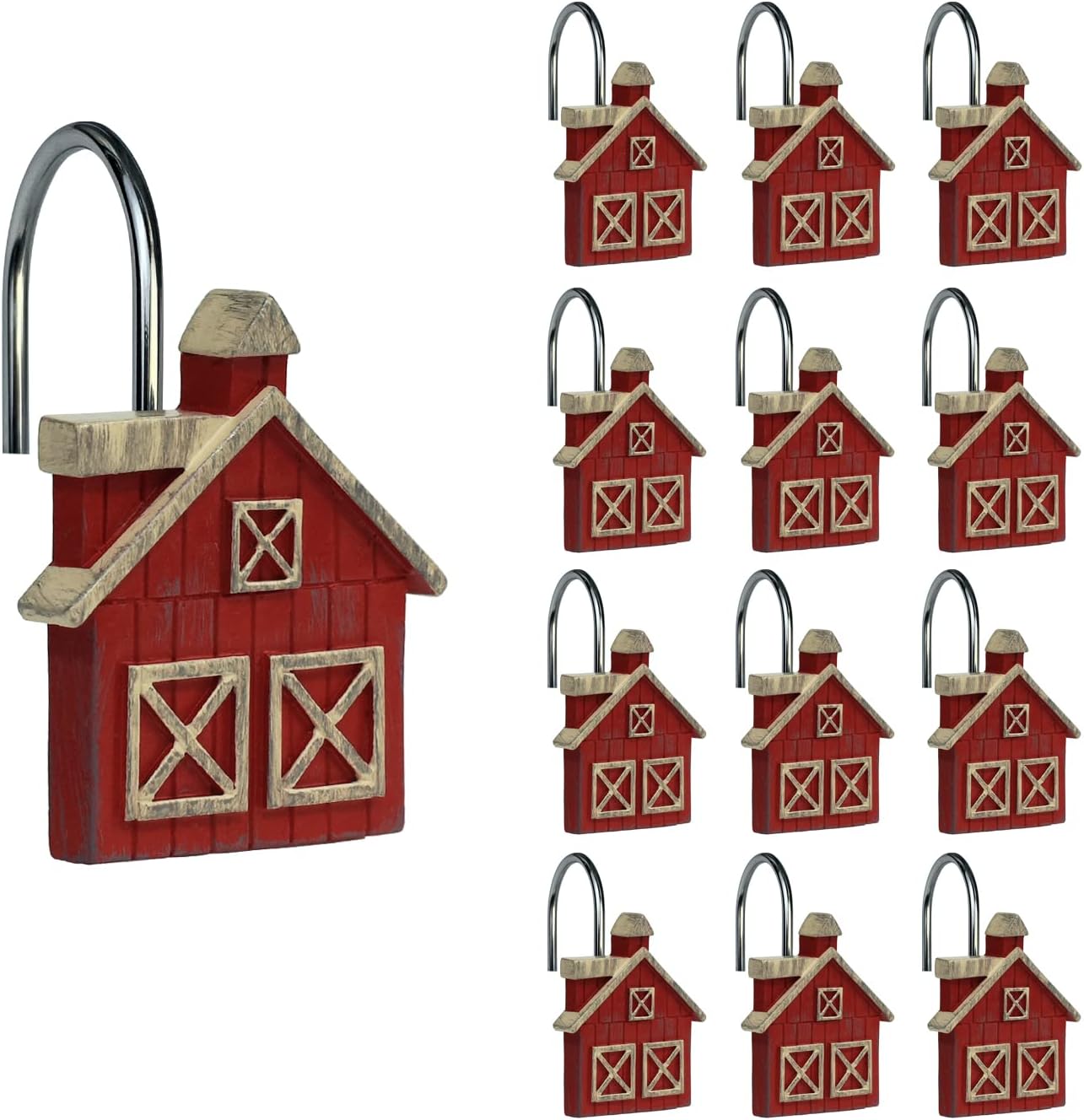 Sunlit Farmhouse Barn Christmas Shower Curtain Hooks, Rustic Red House Decorative Shower Curtain Rings, Resin, Wooden Plank Rural Country Bathroom Decoration Shower Curtain Hooks-12 Pack