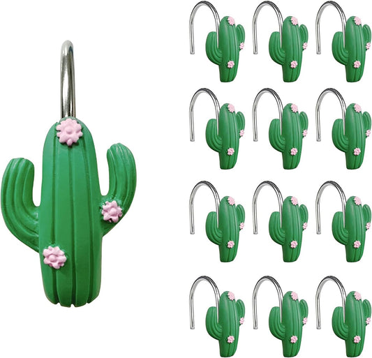 Sunlit Tropical Cactus Decorative Shower Curtain Hooks, Green Cactus Flowers Blossom Shower Curtain Rings, Resin, Summer Bathroom Decoration - 12 Pack