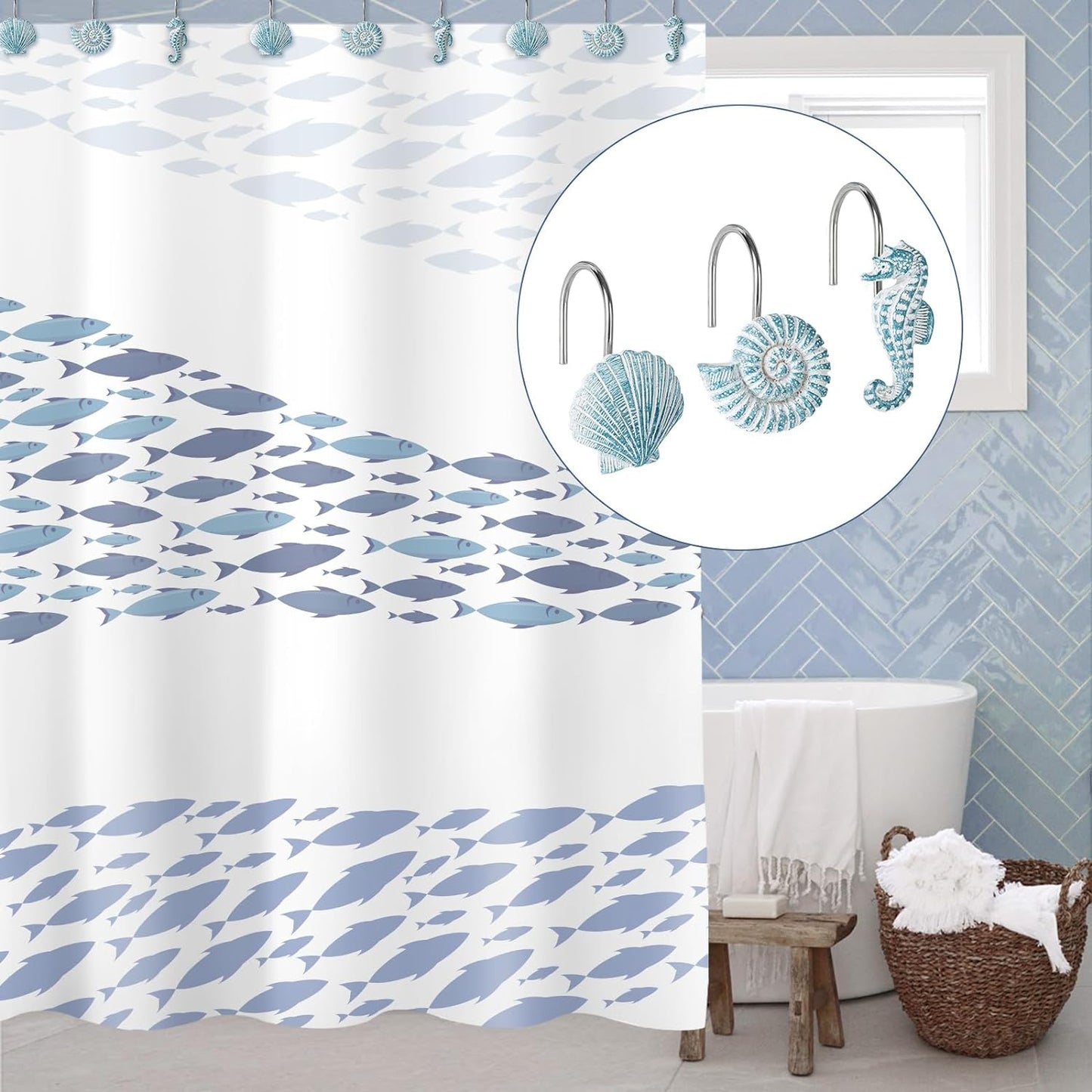 Sunlit Seashells Decorative Shower Curtain Hooks, Blue Ocean Creatures Coastal Shower Curtain Rings, Resin, Nautical Bathroom Decoration Beach Shower Curtain Hooks-12 Pack