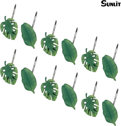 Tropical Leaf Decorative Shower Curtain Hooks Green Botanical Shower Curtain Rings, Resin, Monstera Deliciosa Strelitzia Reginae Leaves Shower Curtain Hangers for Bathroom, Set of 12