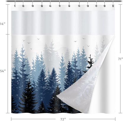 Forest Shower Curtain with snap-in Fabric Liner, Gray Mountain Nature Tree Shower Curtains with Mesh Top Window for Bathroom Decor, Contemporary Bathroom Curtains, See Through Sheer Window, 71x71