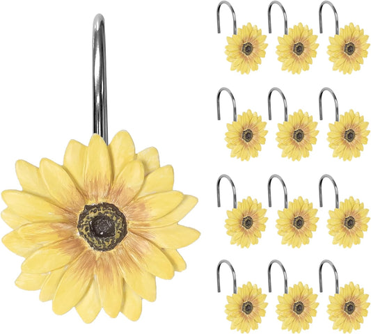 Sunlit Yellow Sunflower Shower Curtain Hooks, Home Decorative Shower Curtain Rings for Bathroom, Resin, Summer Floral Shower Curtain Hanger Hooks for Living Room, Set of 12