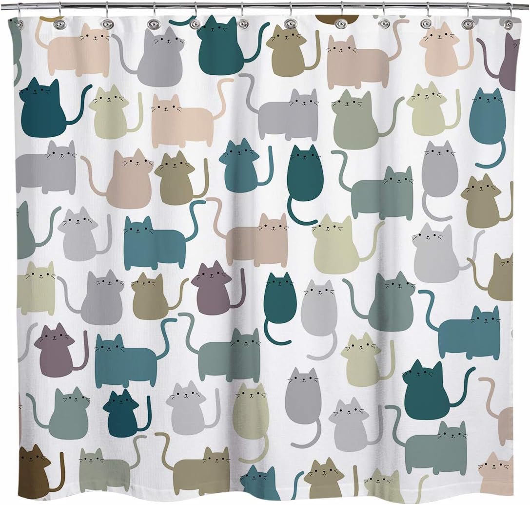 Sunlit Design Lovely Multicolor Cartoon Cats Fabric Shower Curtain, Cute Cats Bathroom Decoration Curtains for Baby Kids Children