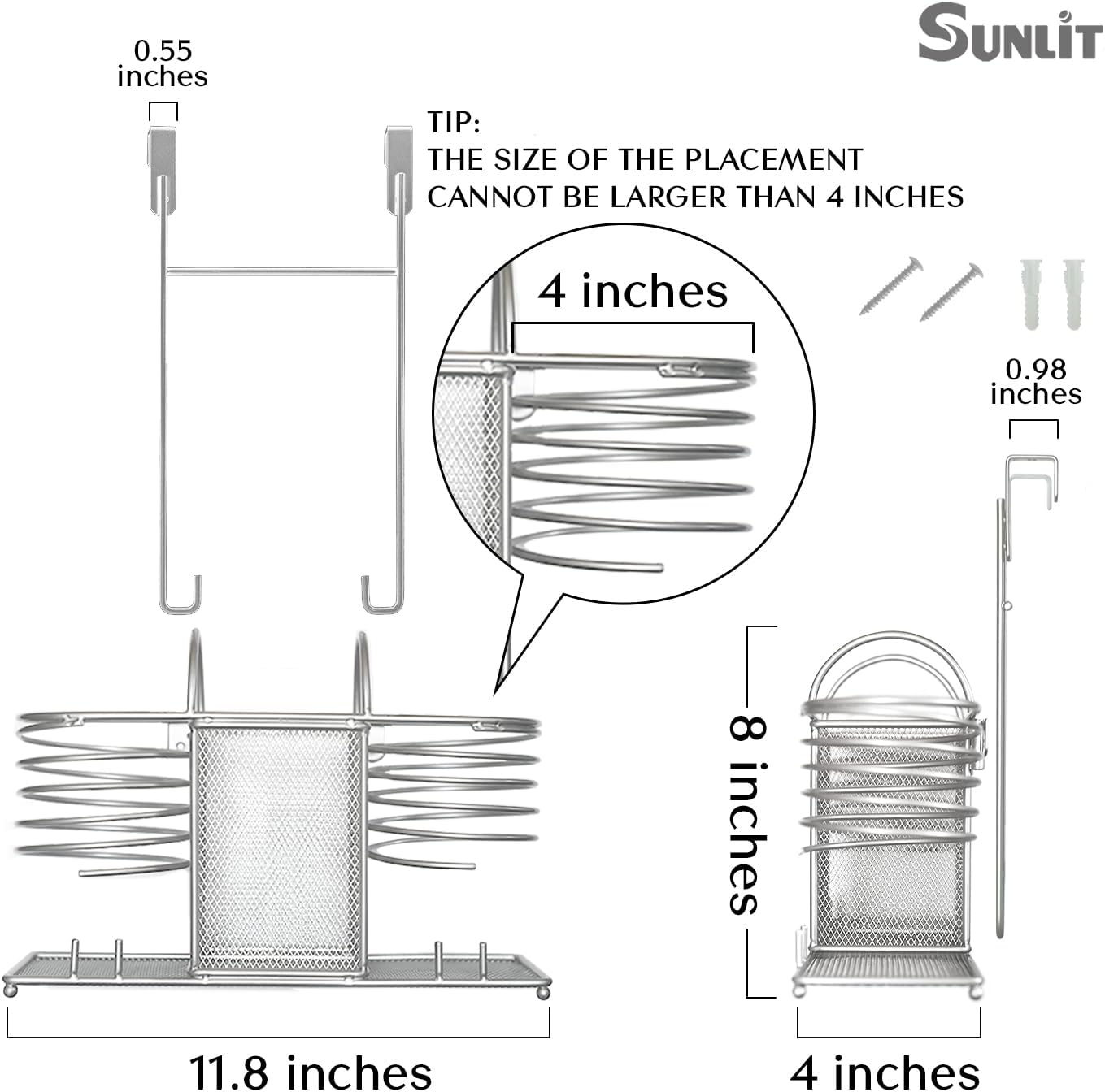 Sunlit 3 in 1 Wall Mount/Countertop/Over Cabinet Door Metal Wire Hair Product & Styling Tool Organizer Storage Basket Holder for Hair Dryer, Brushes, Flat Iron, Curling Wand, Hair Straightener