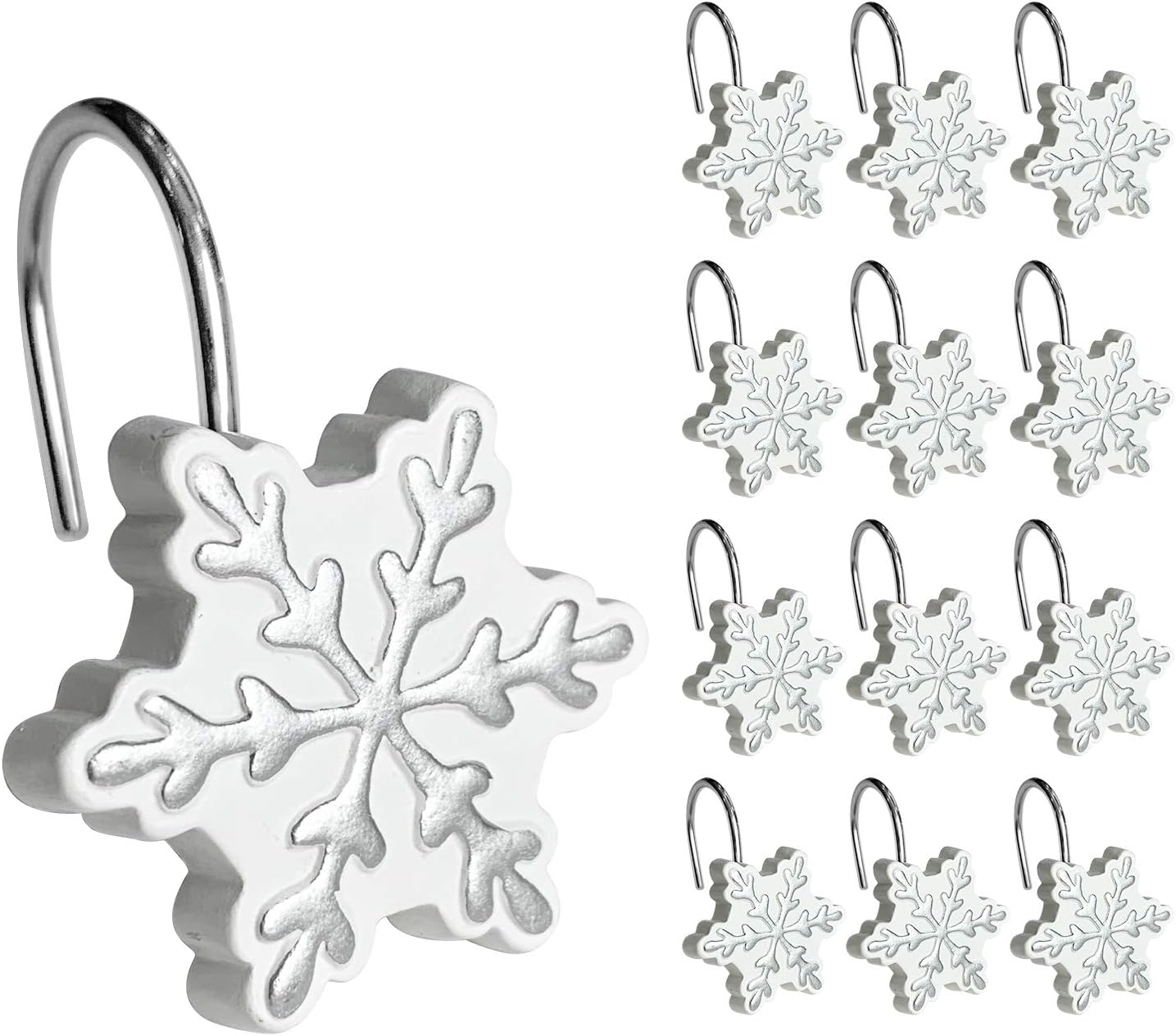 Sunlit Christmas Shower Curtain Hooks Silver Snowflakes Shower Curtain Rings, Resin, White Christmas Decor, Winter Bathroom Decoration - 12 Pack