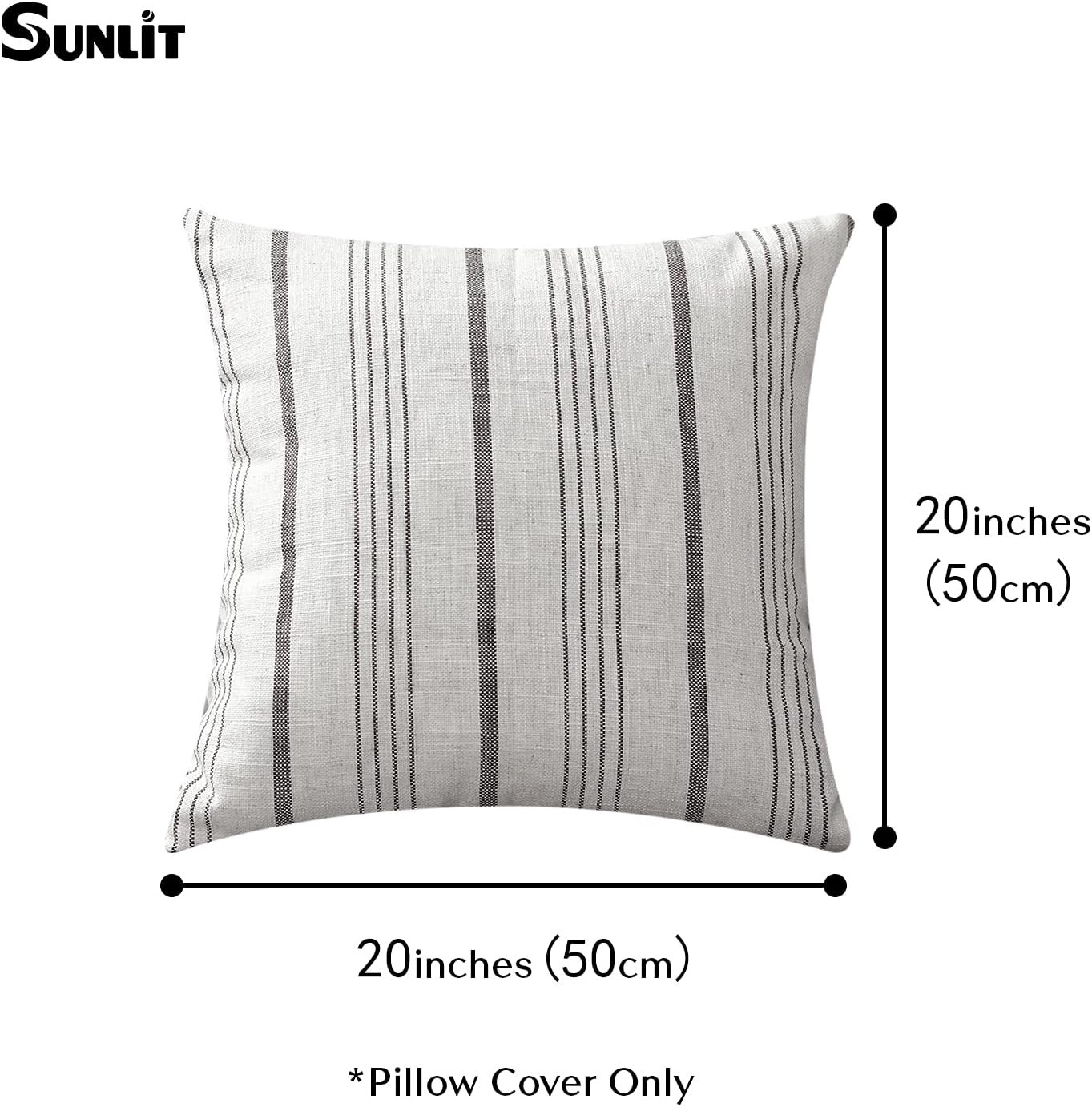 Sunlit Decorative Farmhouse Throw Pillow Case, Cover Only, Set of 2 Cream/Off-White with Charcoal Stripes Square Pillow Cover, 18" x 18", Textured Linen Throw Cushion Covers