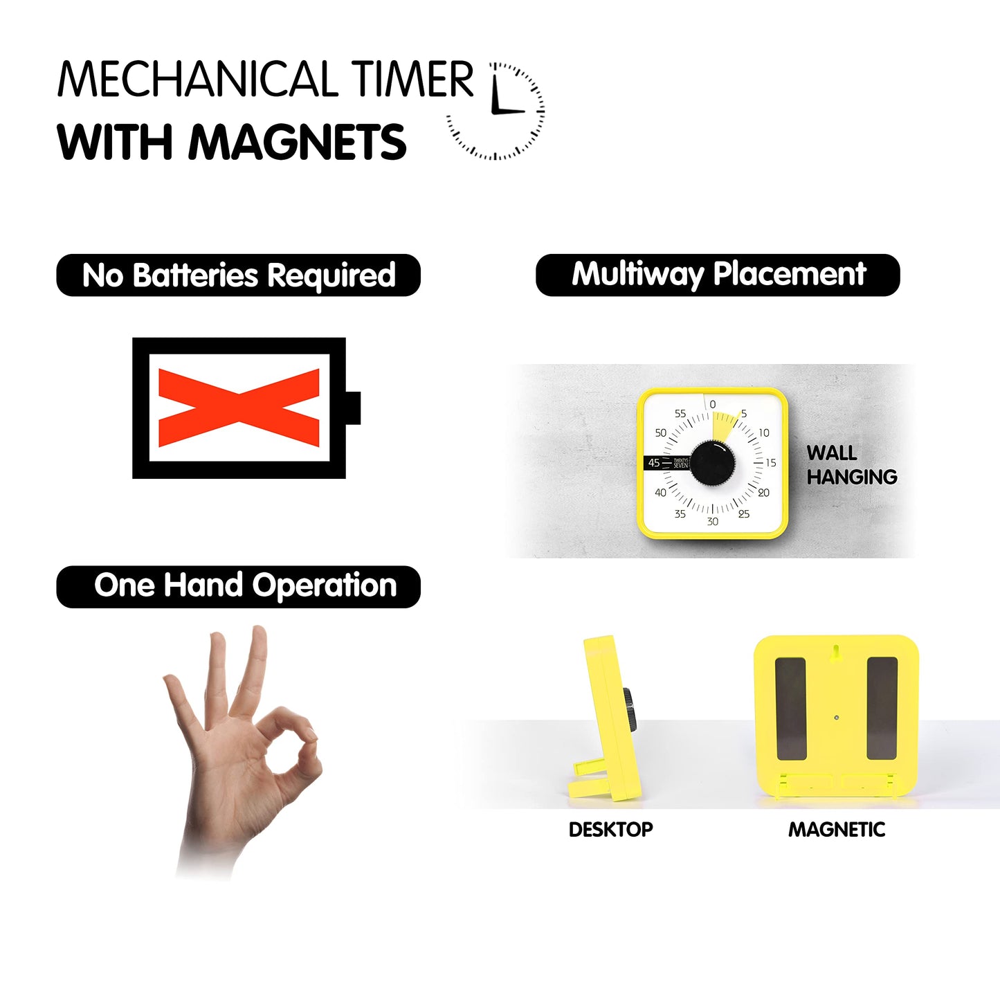 TWENTY5 SEVEN Countdown Timer 7.5 inch; 60 Minute 1 Hour Visual Timer – Classroom Teaching Tool Office Meeting, Mechanical Countdown Clock for Kids Exam Time Management Magnetic, Yellow