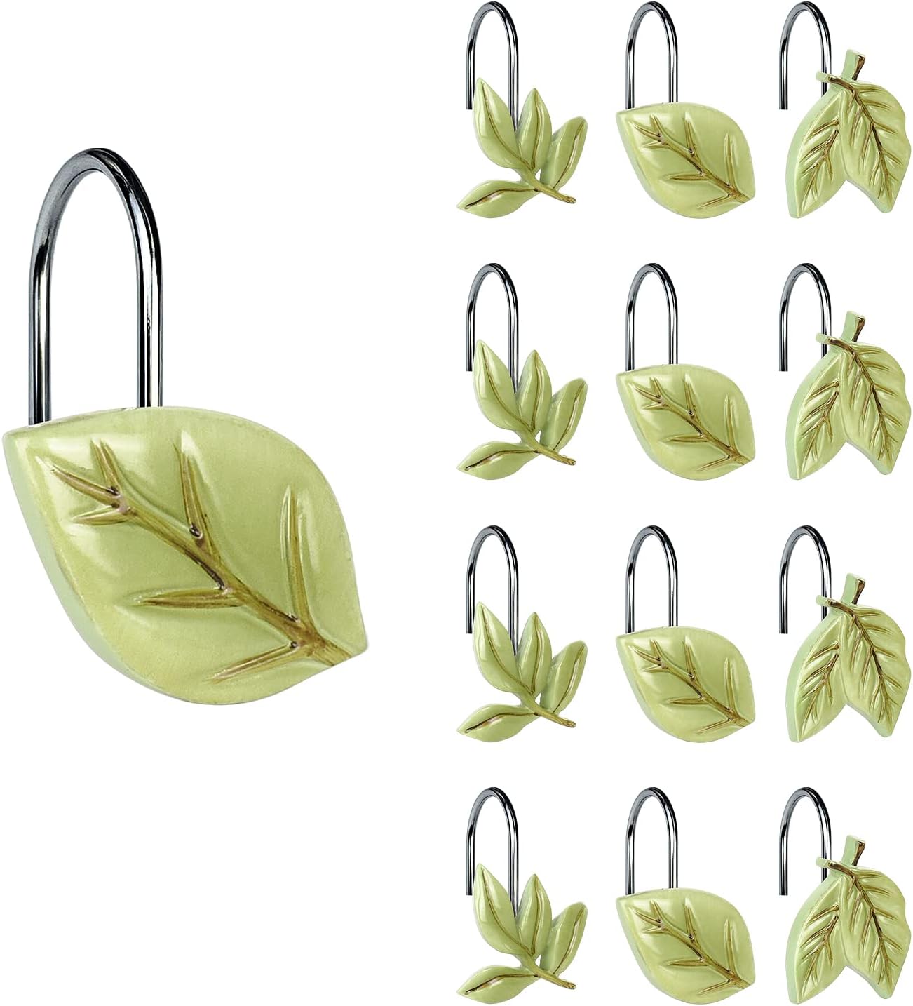 Light Green Plant Leaves Decorative Shower Curtain Hooks, Tropical Botanical Plam Tree Leaf Shower Curtain Rings for Bathroom, Resin, Cute Shower Curtain Hanger Hooks Bathroom Decor, Set of 12