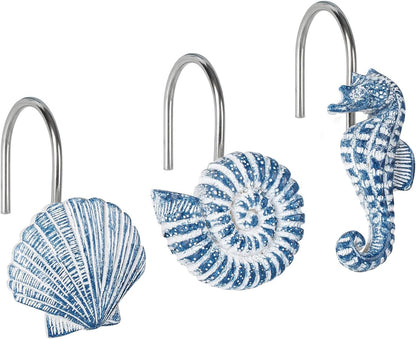 Sunlit Seashells Decorative Shower Curtain Hooks, Blue Ocean Creatures Coastal Shower Curtain Rings, Resin, Nautical Bathroom Decoration Beach Shower Curtain Hooks-12 Pack