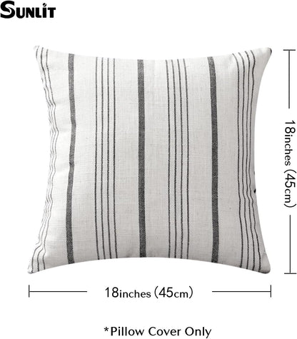 Sunlit Decorative Farmhouse Throw Pillow Case, Cover Only, Set of 2 Cream/Off-White with Charcoal Stripes Square Pillow Cover, 18" x 18", Textured Linen Throw Cushion Covers