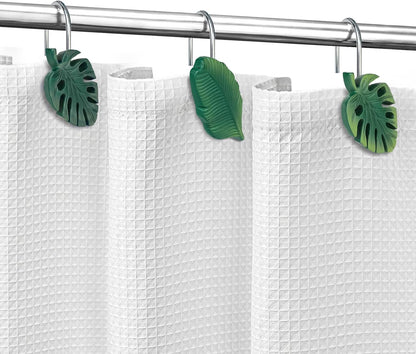 Tropical Leaf Decorative Shower Curtain Hooks Green Botanical Shower Curtain Rings, Resin, Monstera Deliciosa Strelitzia Reginae Leaves Shower Curtain Hangers for Bathroom, Set of 12