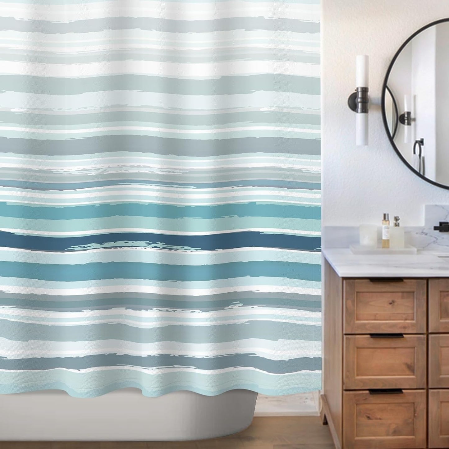 Ombre Blue Textured Slubbed Fabric Shower Curtain, Blue and White Stripe Shower Curtains for Bathroom Decoration, Wave Striped Bathroom Curtains, 71x71