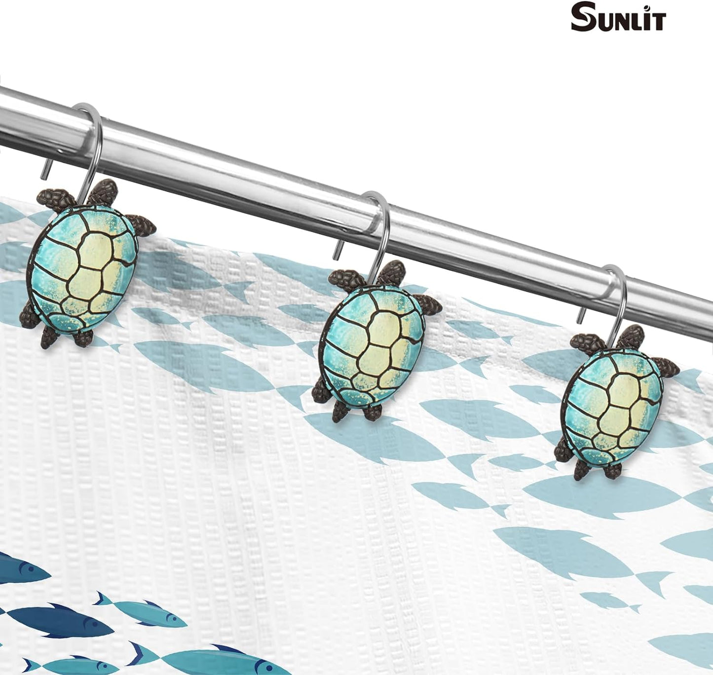 Sunlit Sea Turtle Shower Curtain Hooks, Home Decorative Shower Curtain Rings for Bathroom, Resin, Ocean Shower Curtain Hanger Hooks for Kid Room Living Room, Set of 12