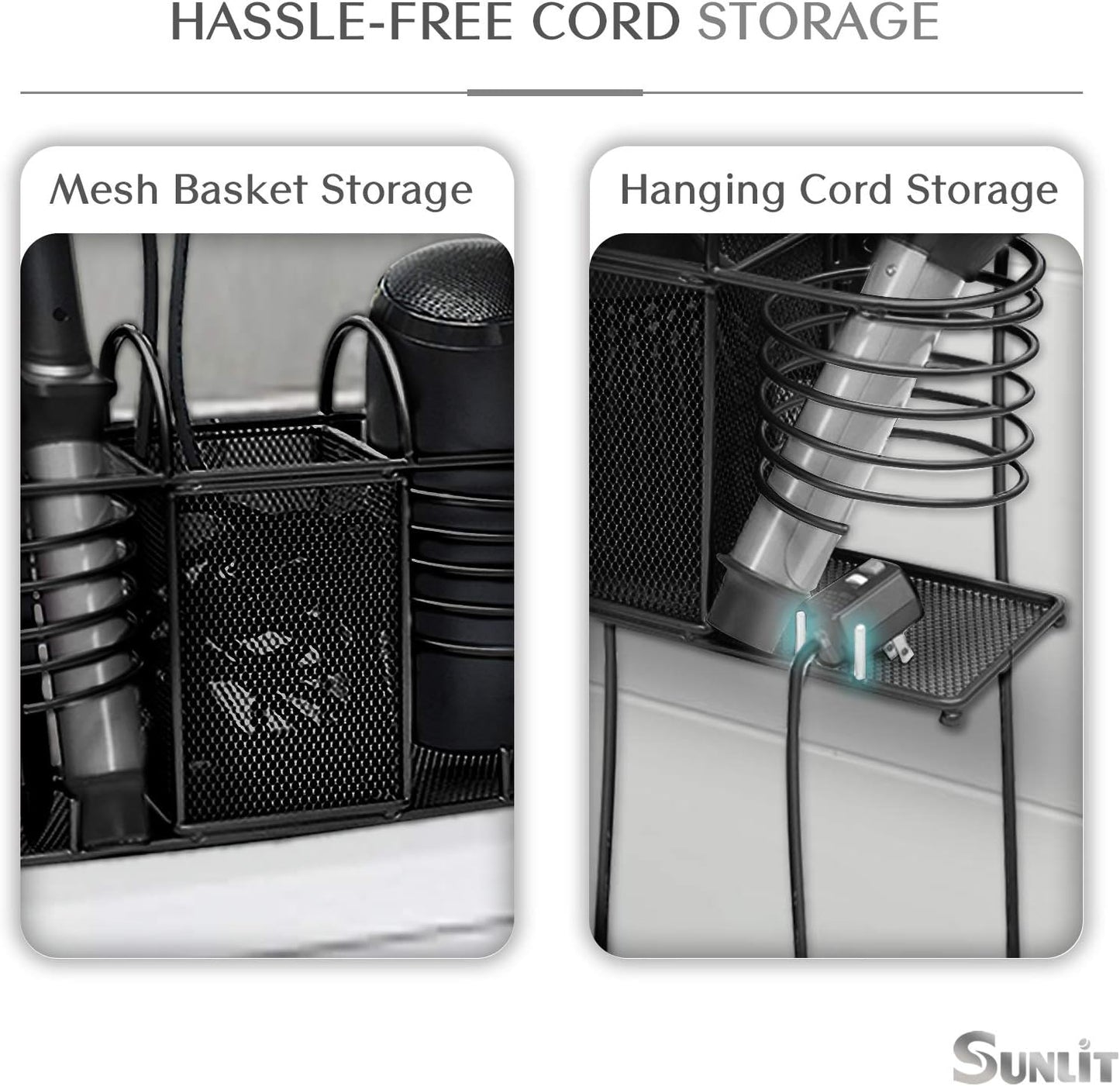 Sunlit 3 in 1 Wall Mount/Countertop/Over Cabinet Door Metal Wire Hair Product & Styling Tool Organizer Storage Basket Holder for Hair Dryer, Brushes, Flat Iron, Curling Wand, Hair Straightener