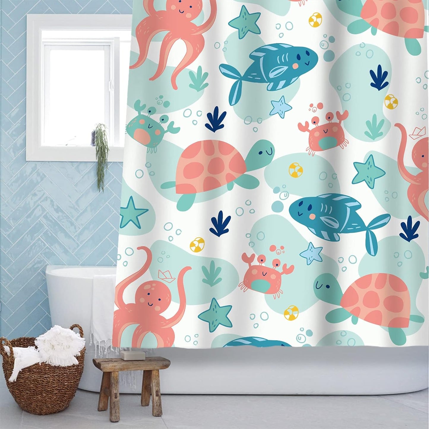 Sunlit Lovely Cartoon Pastel Colors Aquarium Baby Shower Curtain, Ocean Creatures Light Blue Fabric Shower Curtain for Kids, Turtle Dolphins and Fishes Coral Bathroom Decor Curtain for Children