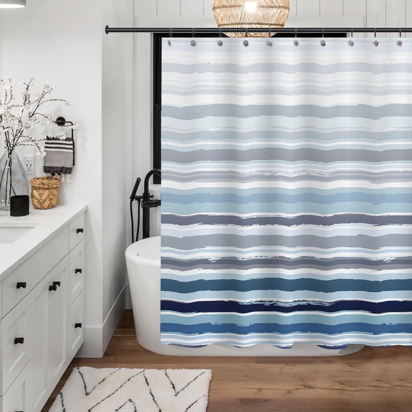 Ombre Blue Textured Slubbed Fabric Shower Curtain, Blue and White Stripe Shower Curtains for Bathroom Decoration, Wave Striped Bathroom Curtains, 71x71